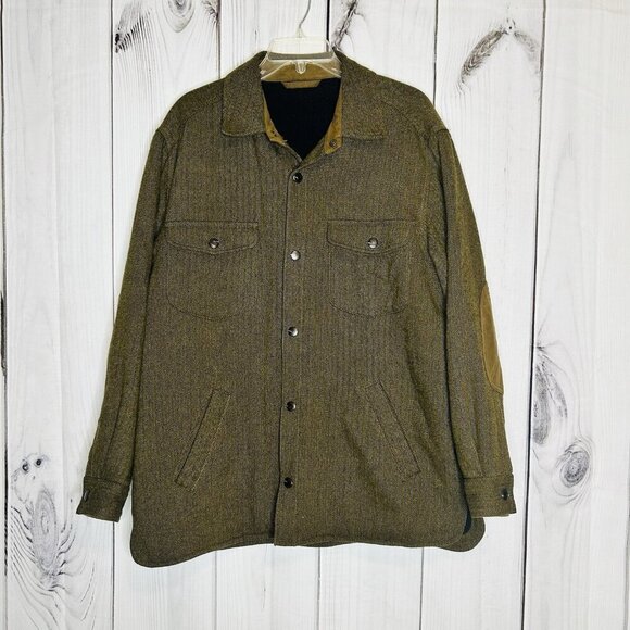 Talbots Mens Wool Blend Coat Sz M Brown Herringbone Fleece Lined Elbow Patches - Picture 1 of 10